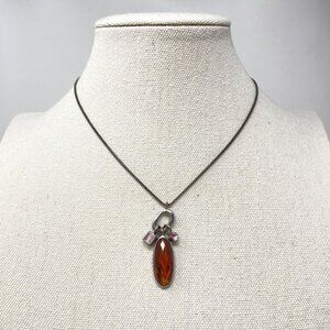 Lia Sophia Medley Pendant Necklace Orange Pink‎ Gems Silver-Tone Chain Spring